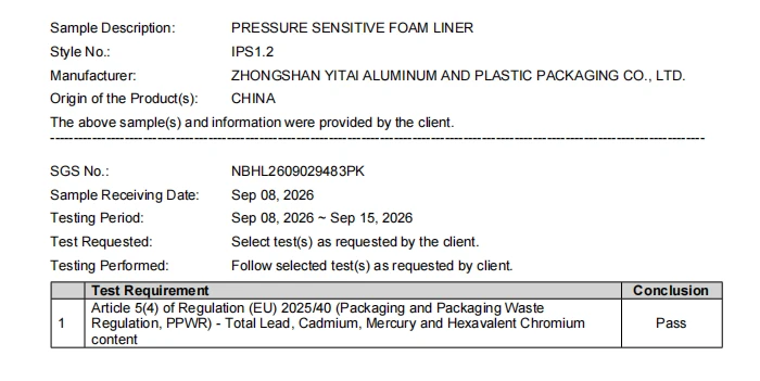 SGS PPWR heavy metals test report INTY pressure sensitive liner SGS PPWR heavy metals test report INTY pressure sensitive liner